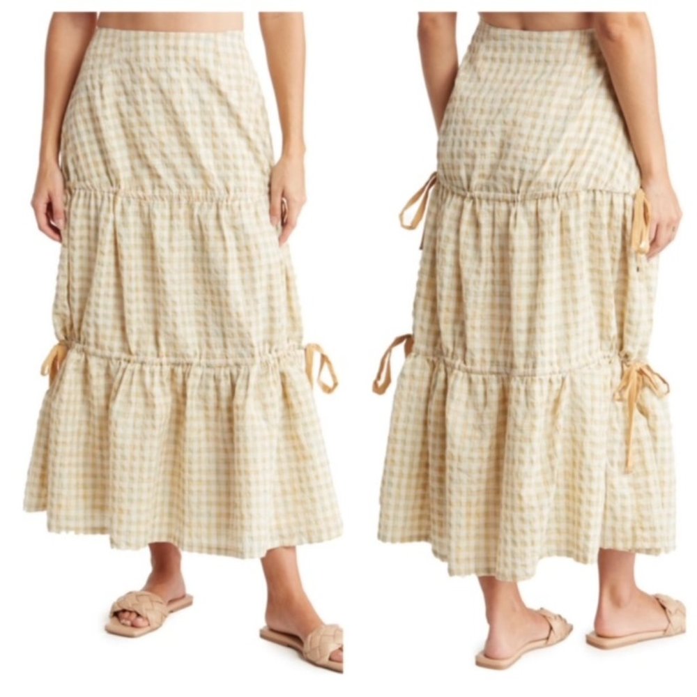 MON RENN Lucille Marigold Plaid Print Midi Skirt